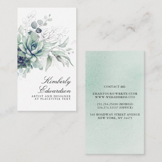 銀色の緑のボホエレガントの葉の多肉植物 名刺 (正面/裏面)