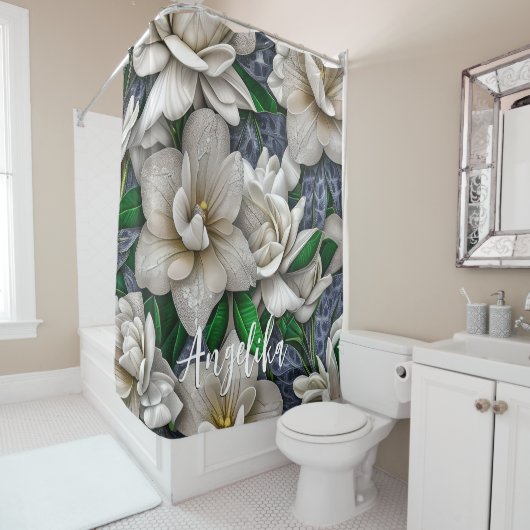 銀色の花とグリッターの名パーソナライズされた前 シャワーカーテン (インサイチュ)