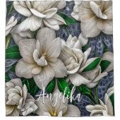 銀色の花とグリッターの名パーソナライズされた前 シャワーカーテン (正面)