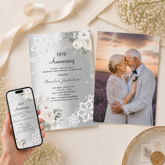 銀色の花の写真付き結婚60周年記念 招待状