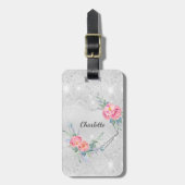 銀色の花赤面ピンクグリッター名 ラゲッジタグ (正面縦)