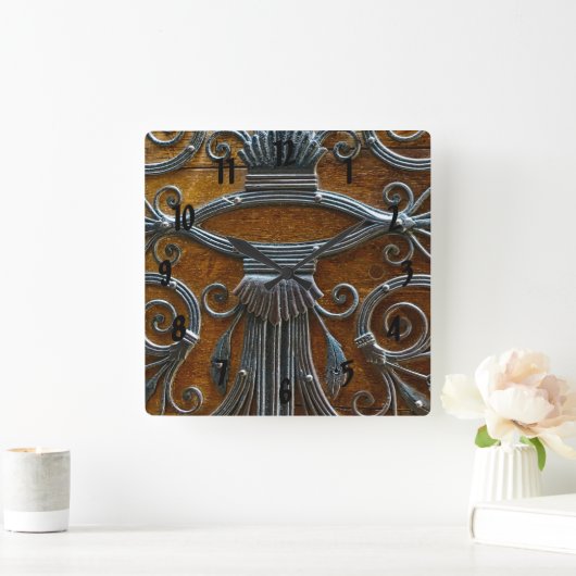 銀色の茶色の木ファンキーのドア スクエア壁時計 (ホーム)