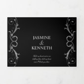 銀色の華美フローラが黒の上で渦を結婚巻く 三つ折り招待状 (カバー)
