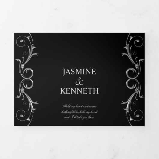 銀色の華美フローラが黒の上で渦を結婚巻く 三つ折り招待状 (カバー)