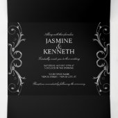 銀色の華美フローラが黒の上で渦を結婚巻く 三つ折り招待状 (内部中)