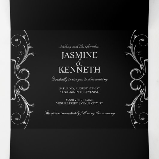 銀色の華美フローラが黒の上で渦を結婚巻く 三つ折り招待状 (内部中)