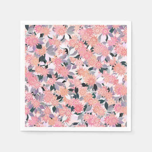 銀色の葉の背景にピンクの花 スタンダードカクテルナプキン (正面)