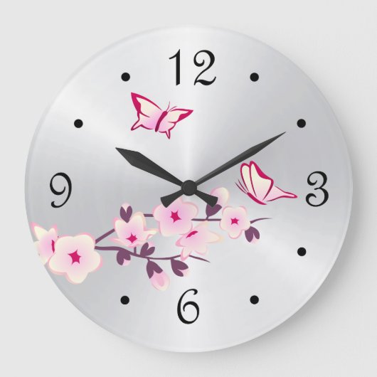 銀色の蝶と桜 ラージ壁時計 (正面)