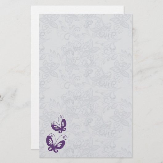 銀色の蝶の上に紫のフローラ結婚 便箋 (正面/裏面)