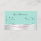 銀色の装飾と豪華なバラの花を持つティール（緑がかった色） 名刺 (裏面)