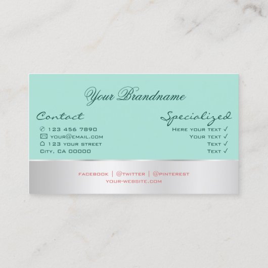 銀色の装飾と豪華なバラの花を持つティール(緑がかった色) 名刺 (裏面)