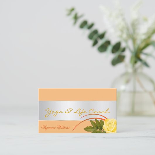 銀色の装飾を施した桃とゴージャスなバラ花 名刺 (スタンド正面)