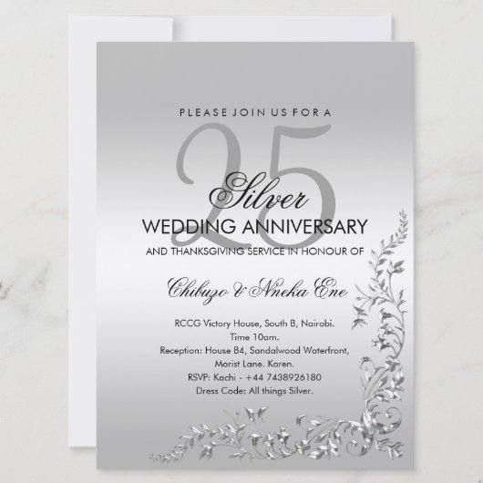 銀色の装飾 25周年記念結婚式の招待状 招待状 (正面)