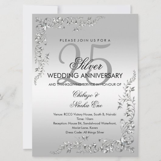 銀色の装飾 25周年記念結婚式の招待状 招待状 (正面)