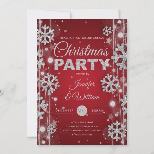 銀色の赤い冬エレガントのグラムクリスマスパーティー 招待状 (正面)