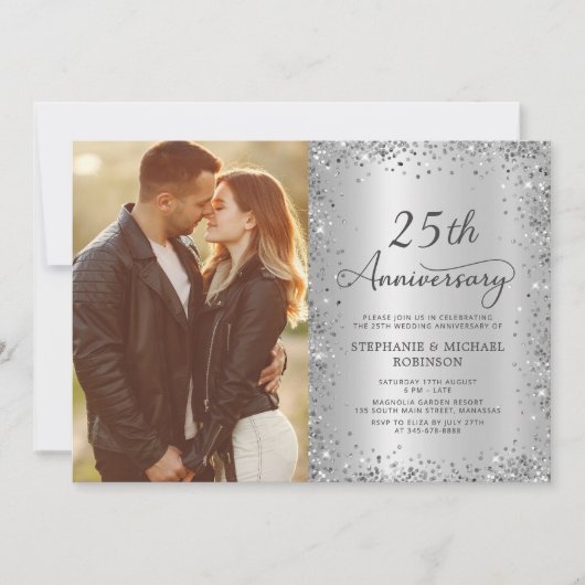 銀色の輝きを持つエレガントな結婚25周年記念フォトデザイン 招待状 (正面)