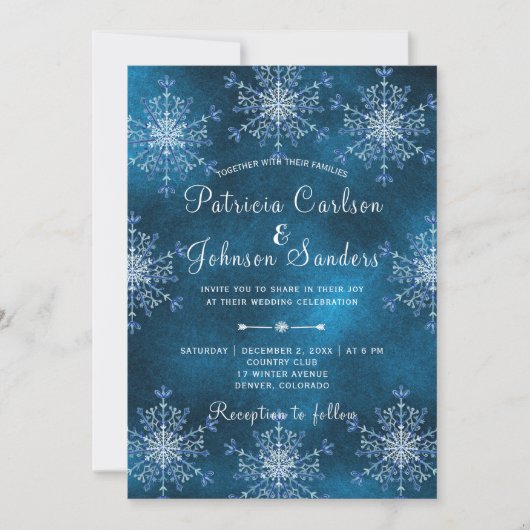 銀色の雪の素朴な海軍の青い冬の結婚式 招待状 (正面)