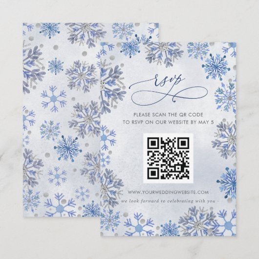 銀色の雪の結晶の冬の結婚式QRコード 出欠カード (正面/裏面)