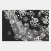 銀色の雪片が輝き、黒に光る ラッピングペーパーシート (正面2)