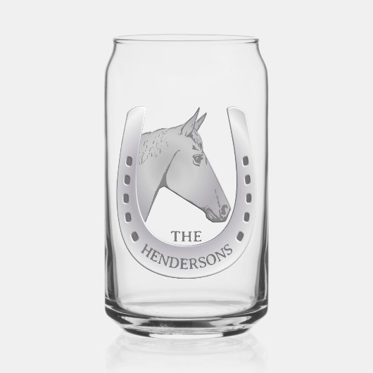 銀色の馬と馬蹄形のエンブレムパーソナライズされた ガラス缶 (正面)