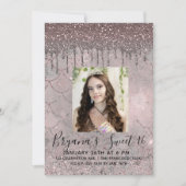 銀色ピンクのローズ金ゴールドグリッタードリップスウィート16写真 招待状 (正面)