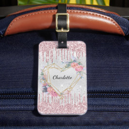 銀色ピンクの花モノグラム名 ラゲッジタグ