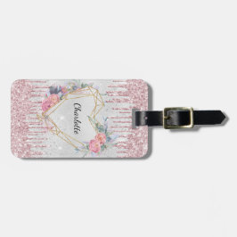 銀色ピンクの花モノグラム名 ラゲッジタグ