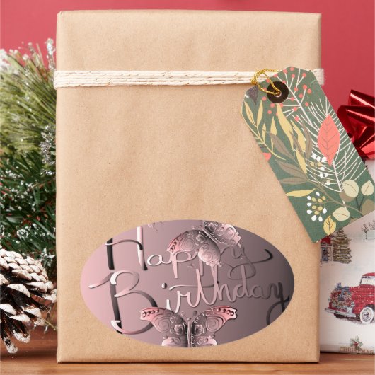 銀色ピンクバタフライ"ハッピーバースデー!" クラス 楕円形シール (クリスマス)