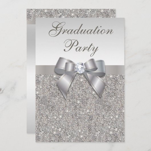 銀色フェイクの宝石が女の子の卒業パーティーを開く 招待状 (正面/裏面)