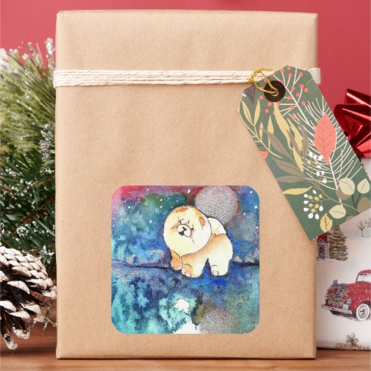 銀色ムーンチョウ犬の水色 スクエアシール (クリスマス)