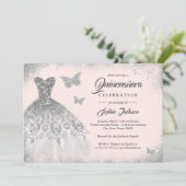 銀色ラメのドレス蝶のケンカネーラ(Blush Silver Sparkle Dress Butter 招待状 (スタンド正面)