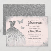 銀色ラメのドレス蝶のケンカネーラ(Blush Silver Sparkle Dress Butter 招待状 (正面/裏面)