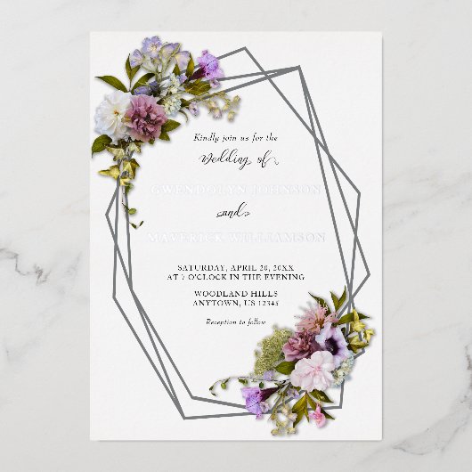 銀色数々のフローラ幾何結婚色 箔招待状 (正面)