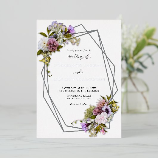 銀色数々のフローラ幾何結婚色 箔招待状 (立ち正面)