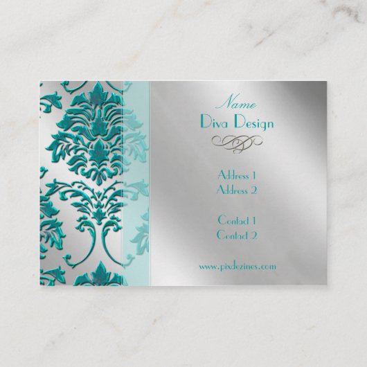 銀色調の緑ティール（緑がかった色）のダマスク名刺 名刺 (裏面)