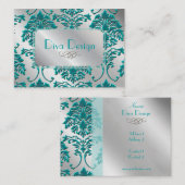 銀色調の緑ティール(緑がかった色)のダマスク名刺 名刺 (正面/裏面)
