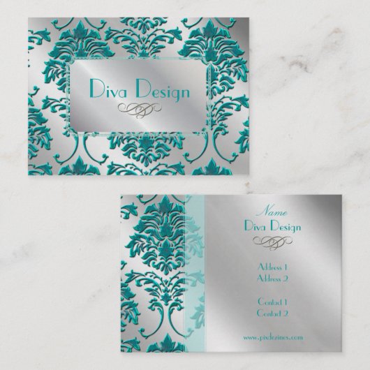 銀色調の緑ティール（緑がかった色）のダマスク名刺 名刺 (正面/裏面)