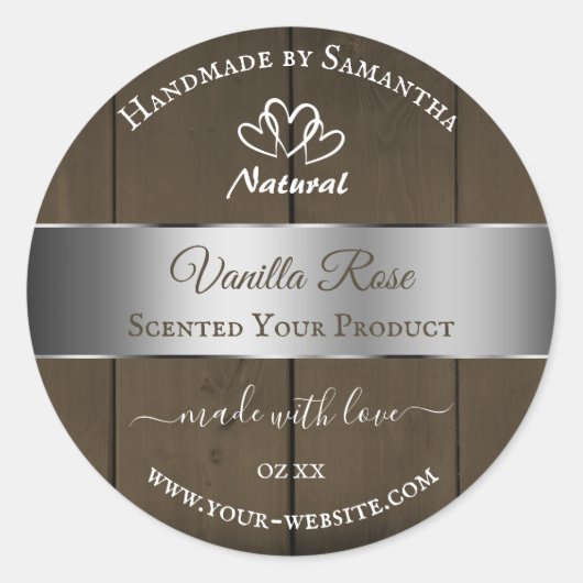 銀茶色の木目製品の包装ラベル ラウンドシール (正面)