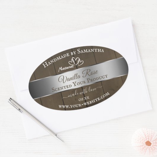 銀茶色の木目製品の包装ラベル 楕円形シール (封筒)