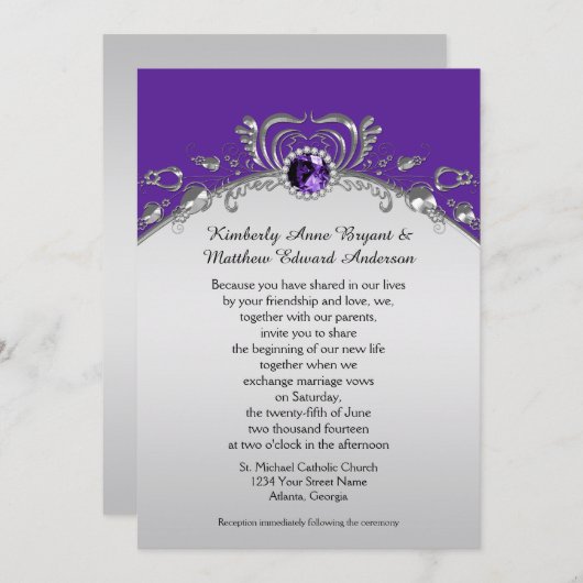 銀華美渦巻き紫色の宝石ダイヤモンド 招待状 (正面/裏面)
