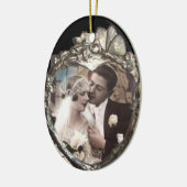 銀蝶と花ハート写真テンプレート セラミックオーナメント (左)