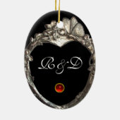 銀蝶と花ハート写真テンプレート セラミックオーナメント (裏面)