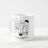 銀行のキャッシュポイントマシンが顧客カードを笑う コーヒーマグカップ (正面左)