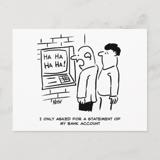 銀行の現金自動預け払い機が客を笑う ポストカード (正面)