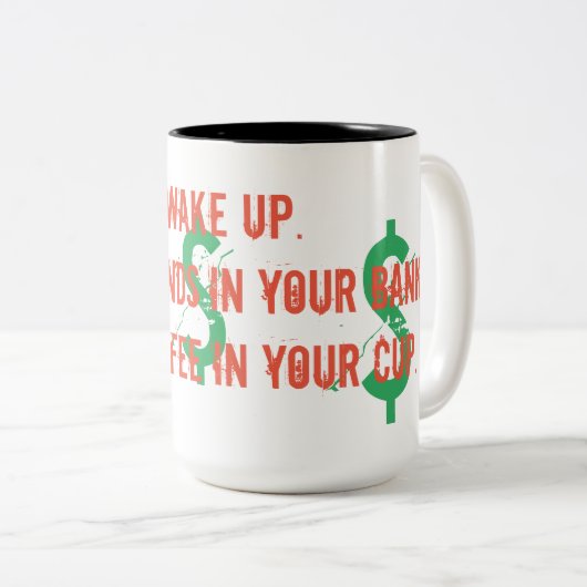 銀行の配当とコーヒーに目を覚ます ツートーンマグカップ (正面右)