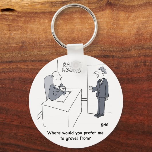 銀行貸金所で苦労する。銀行おもしろい漫画 キーホルダー (正面)