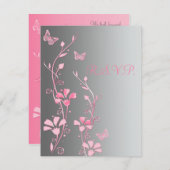 銀製およびピンクの蝶応答カード 出欠カード (正面/裏面)