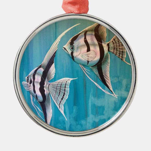 銀製および黒いの2匹の天使の魚および青 メタルオーナメント (正面)