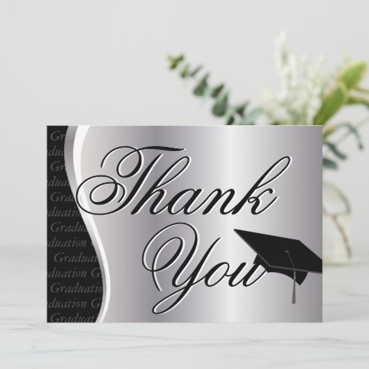 銀製および黒い卒業は感謝していしています サンキューカード (スタンド正面)
