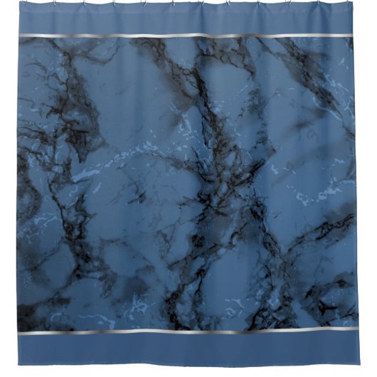 銀製のアクセントのデニムの青い大理石 シャワーカーテン (正面)